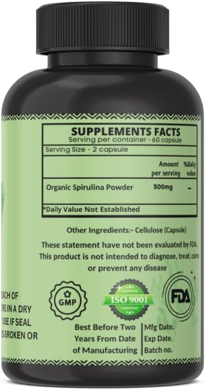 Organic Spirulina Protein Capsules - Energy Boosting Vitamins & Minerals - Vegetarian & Gluten Free Superfood - 60 Count