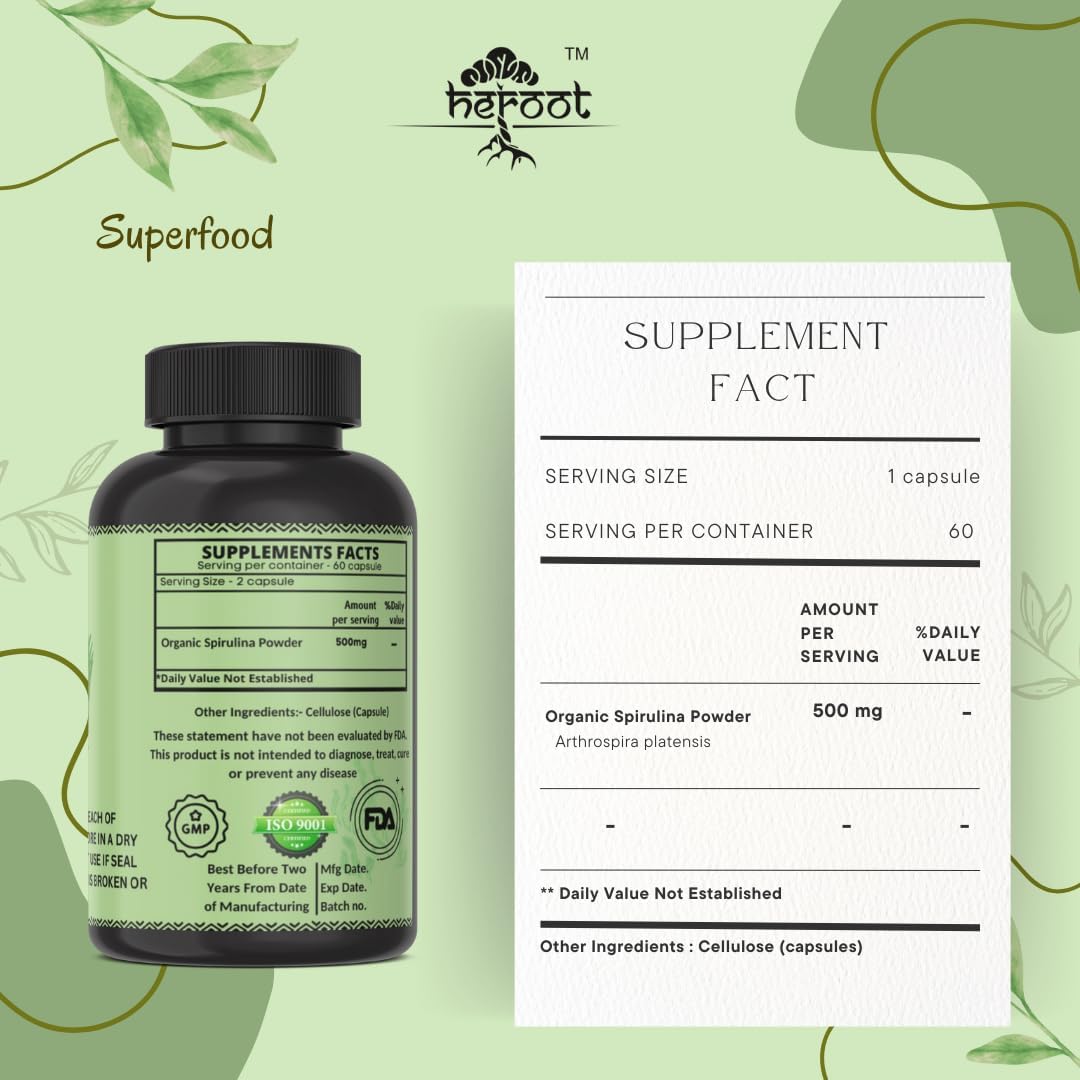 Organic Spirulina Protein Capsules - Energy Boosting Vitamins & Minerals - Vegetarian & Gluten Free Superfood - 60 Count