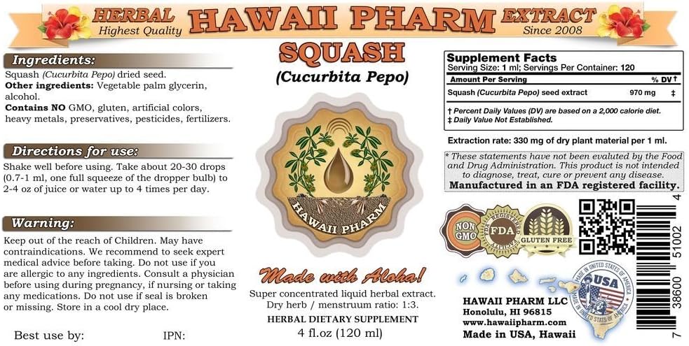 Organic Squash (Cucurbita) Tincture by Hawaii Pharm - Herbal Supplement Liquid Extract from Gourd Seeds - 60 oz