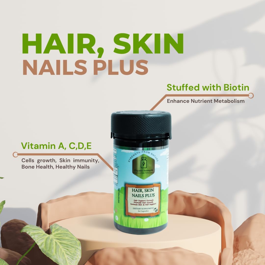 Organic Strength Hair, Skin, Nails Plus Capsules with 5000mcg Biotin & Essential Vitamins - 60 Count