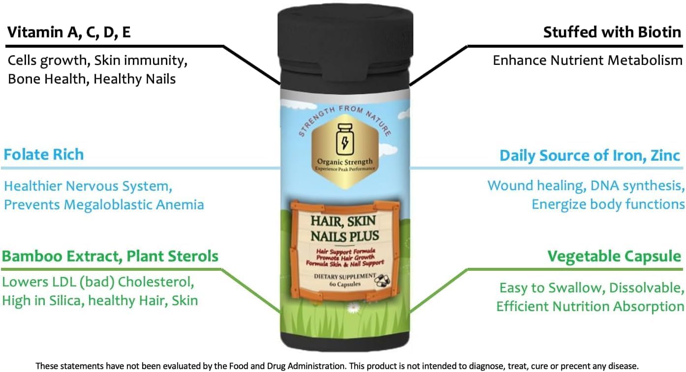 Organic Strength Hair, Skin, Nails Plus Capsules with 5000mcg Biotin & Essential Vitamins - 60 Count