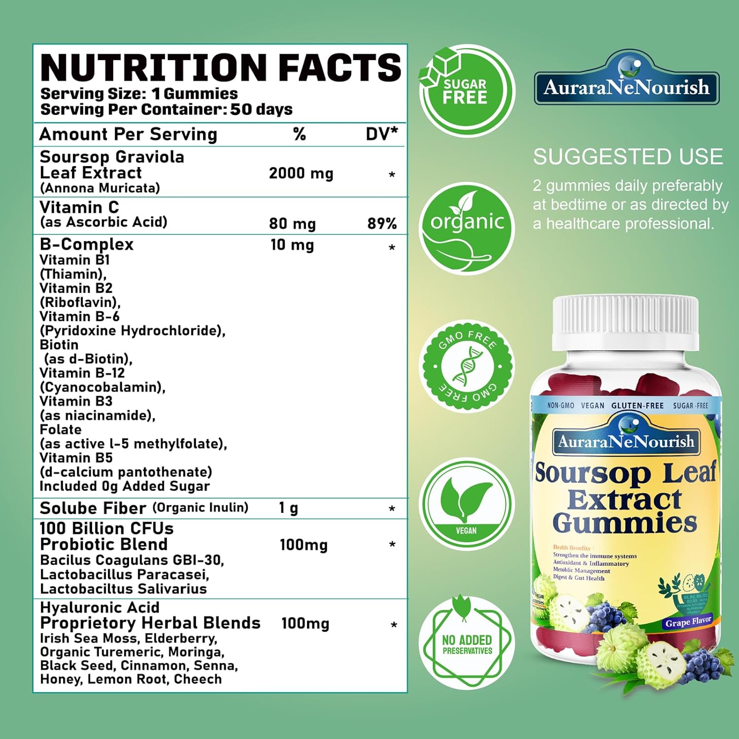 Organic Sugar-Free Soursop Gummies with Probiotics, Fiber, and Vitamin C B-Complex for Digestive Health and Immune Boost