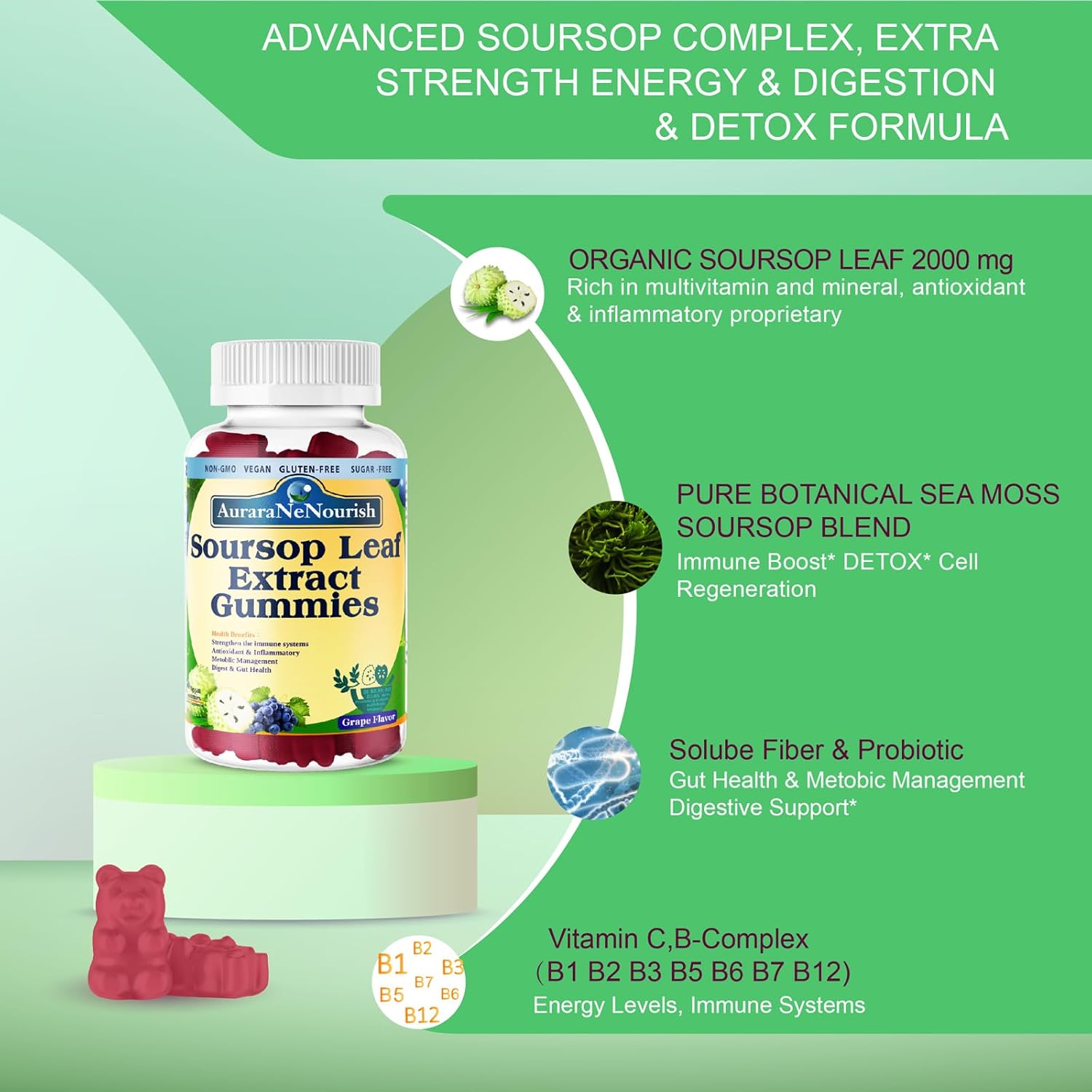 Organic Sugar-Free Soursop Gummies with Probiotics, Fiber, and Vitamin C B-Complex for Digestive Health and Immune Boost