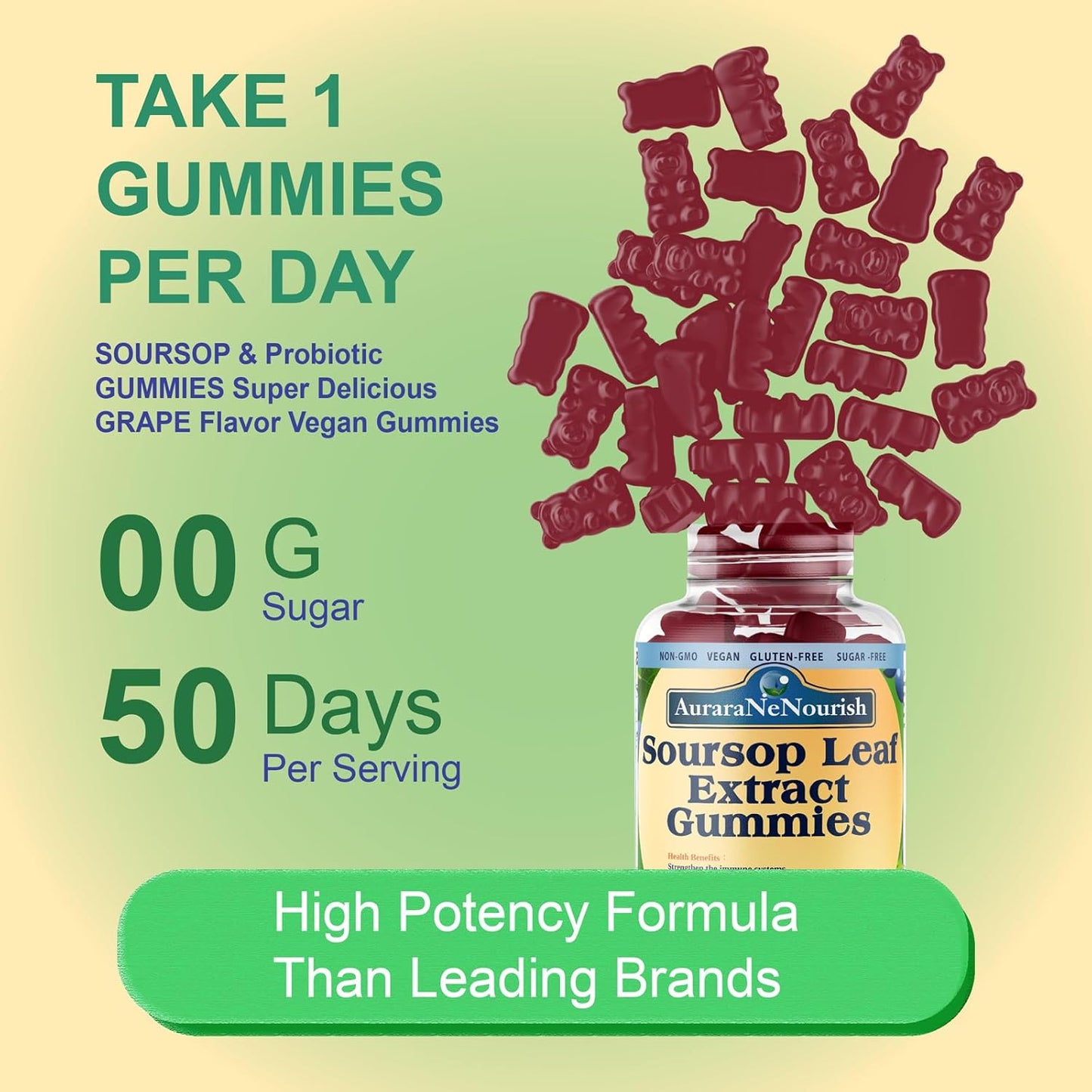 Organic Sugar-Free Soursop Gummies with Probiotics, Fiber, and Vitamin C B-Complex for Digestive Health and Immune Boost