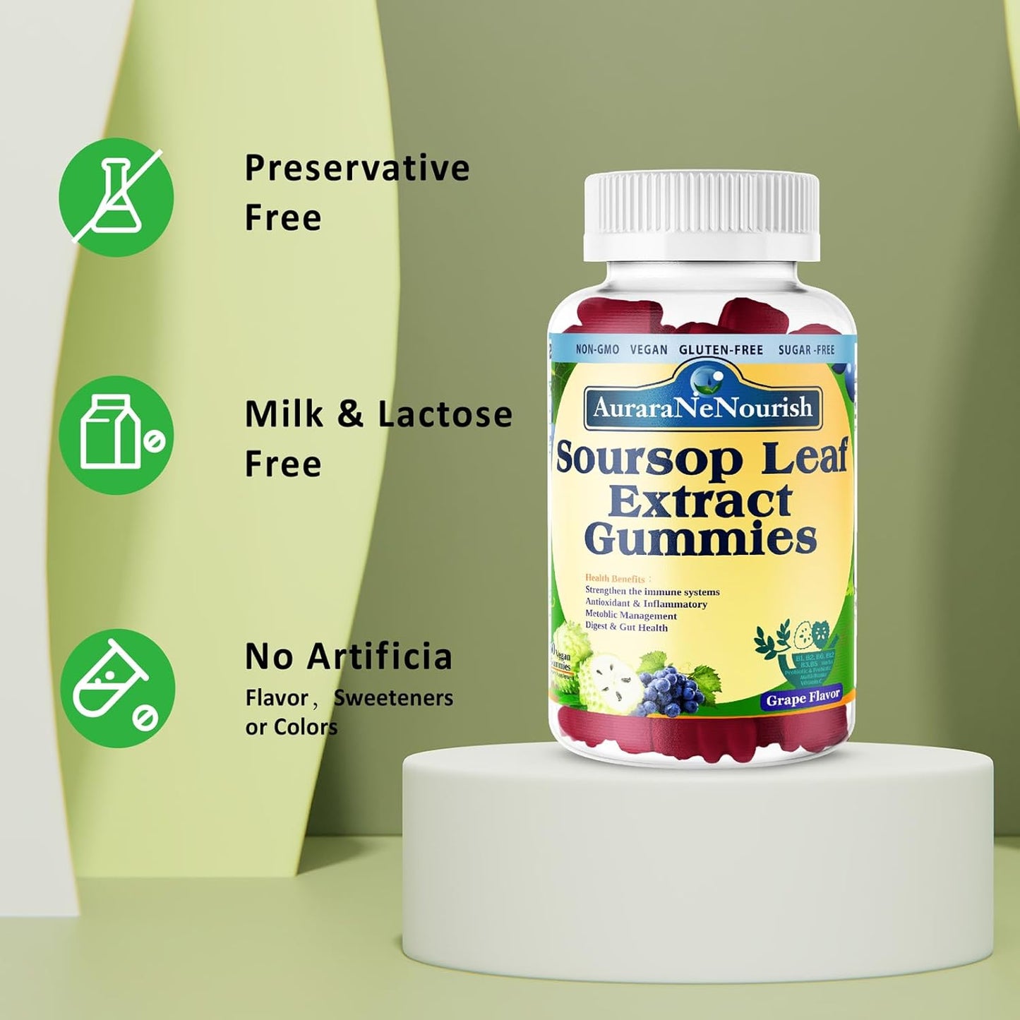 Organic Sugar-Free Soursop Gummies with Probiotics, Fiber, and Vitamin C B-Complex for Digestive Health and Immune Boost