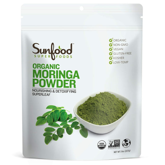 Organic Sunfood Moringa Powder - Pure Single Ingredient Superfood for Hair Loss and  Slimming Formula  - 8 oz Bag