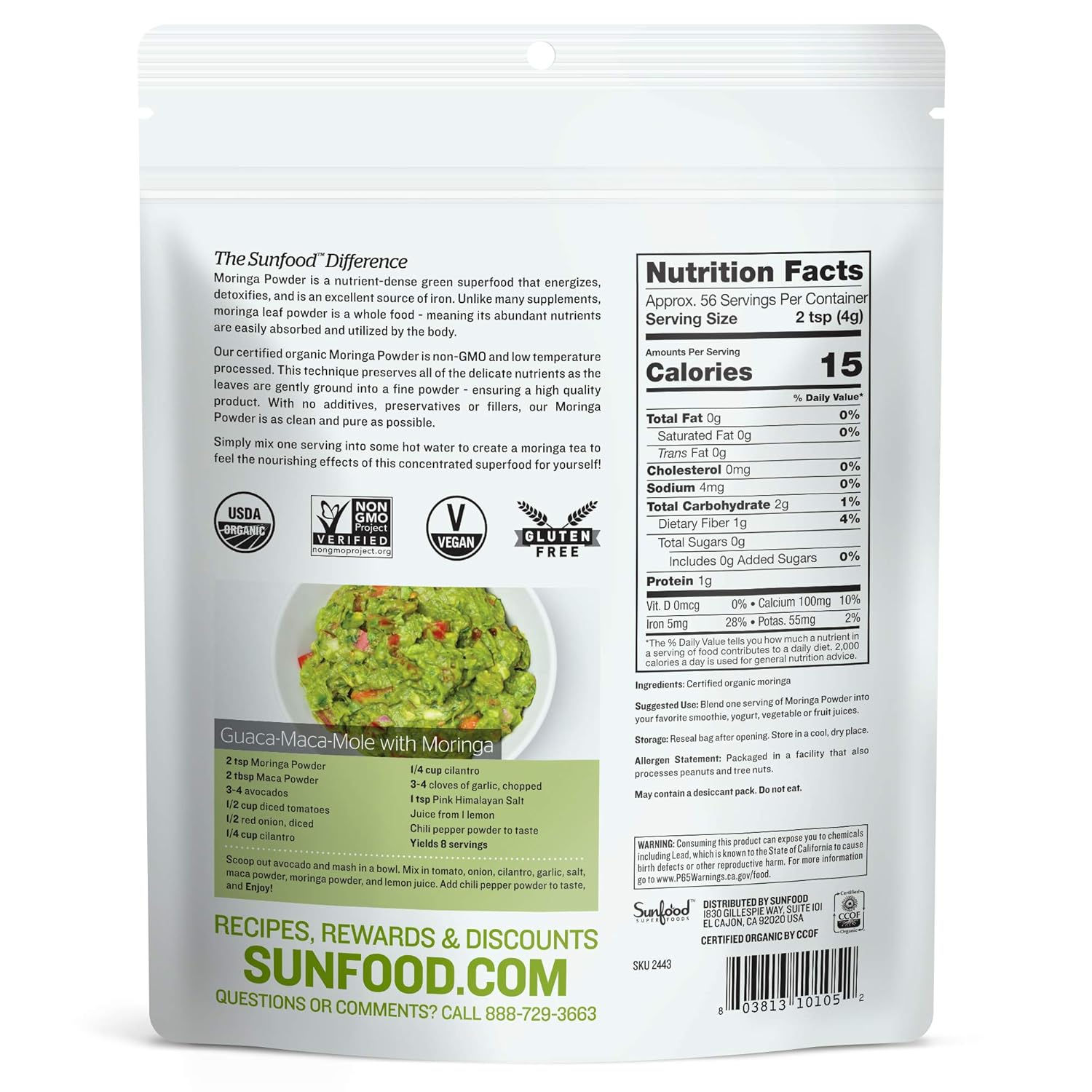 Organic Sunfood Moringa Powder - Pure Single Ingredient Superfood for Hair Loss and  Slimming Formula  - 8 oz Bag