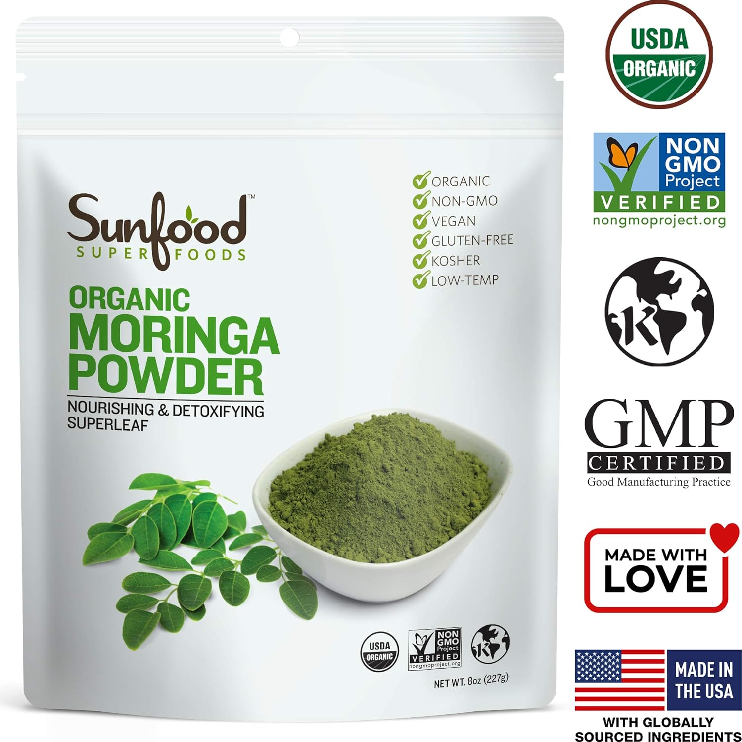 Organic Sunfood Moringa Powder - Pure Single Ingredient Superfood for Hair Loss and  Slimming Formula  - 8 oz Bag