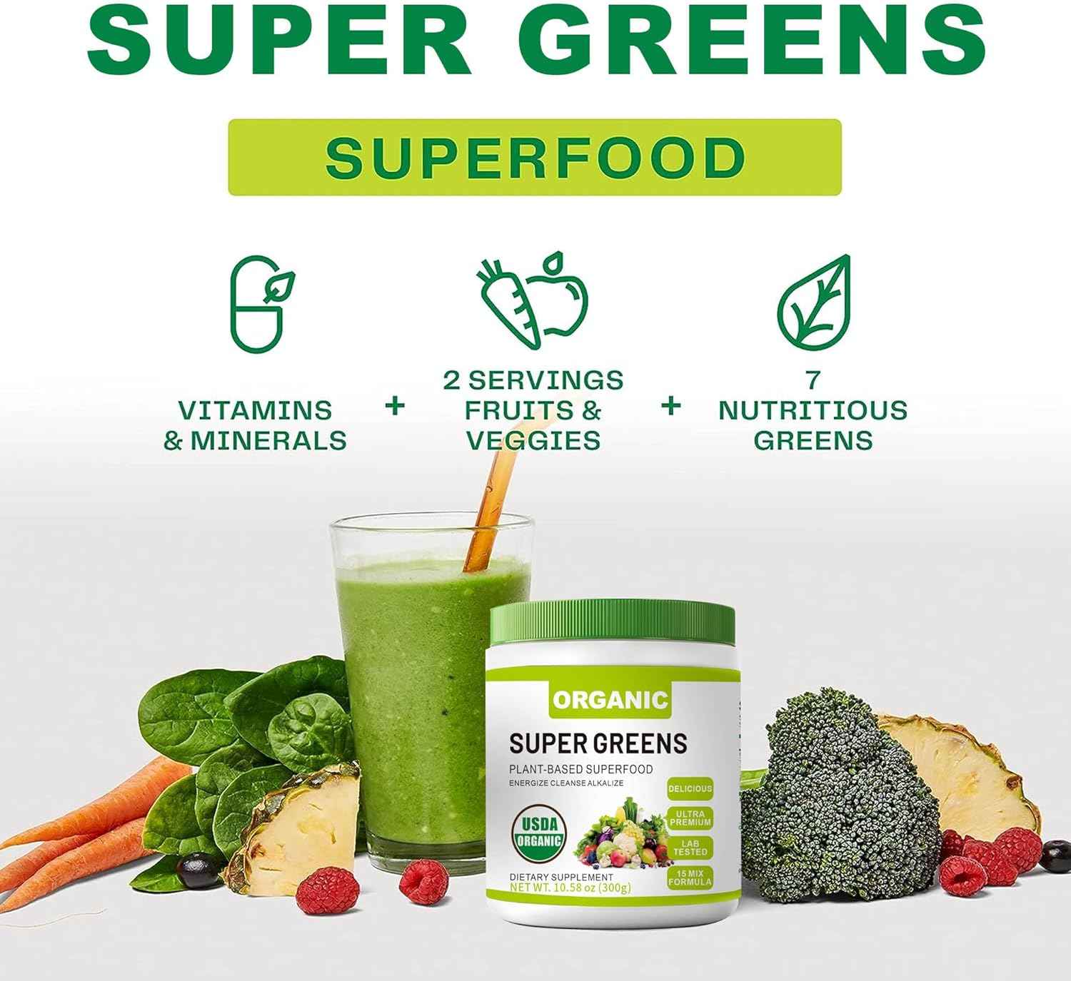 Organic Super Green Superfood Powder with Spirulina & Chlorella for Gut Health, Supports Immunity, Digestive Health, Natural Energy, Probiotic, Antioxidant, Digestive Enzymes, (300grs)
