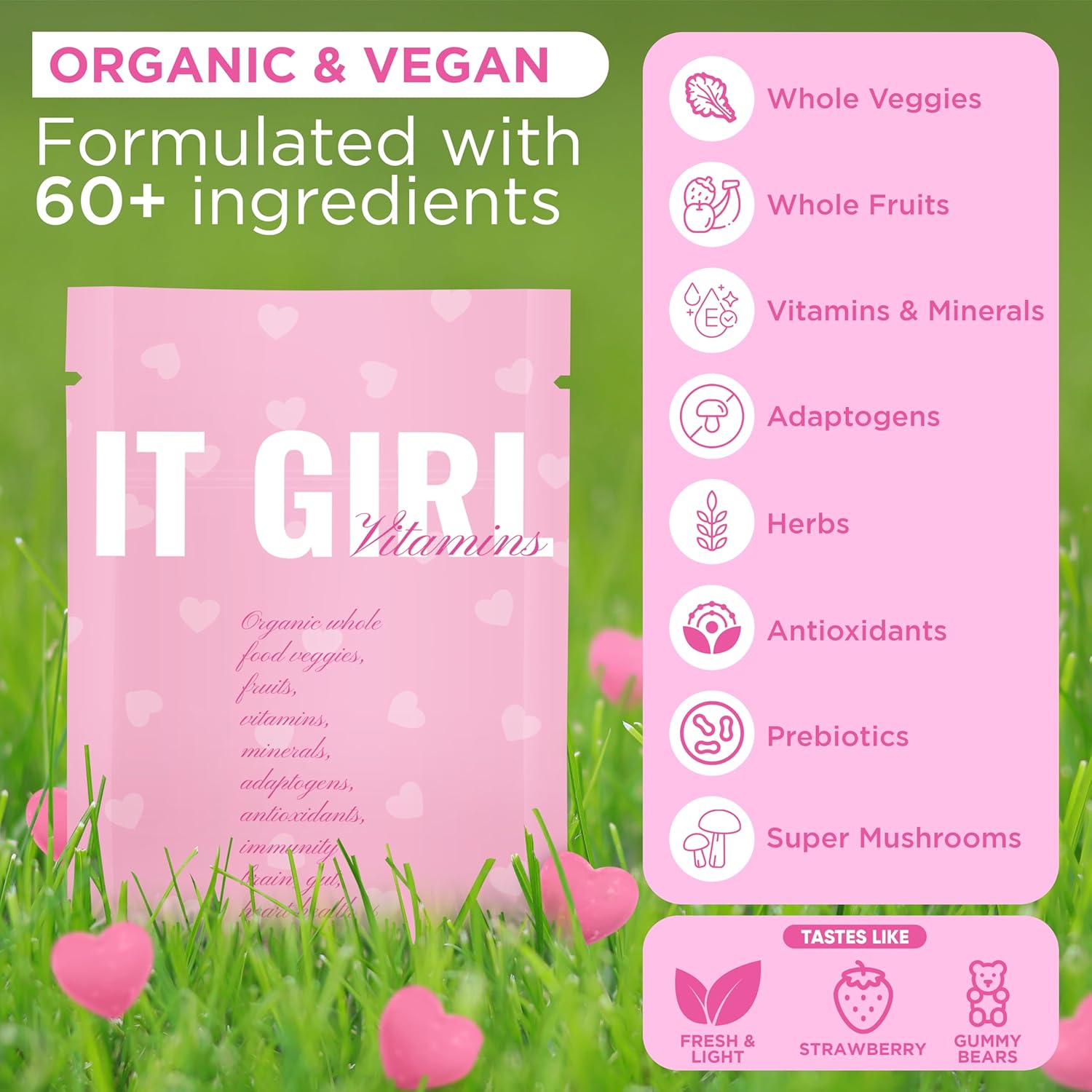 Organic Super Greens Gummy Bears with Probiotics for Gut Health - Vegan Multi-Vitamin Fruit Snack - It Girl Vitamins Glow Sweethearts