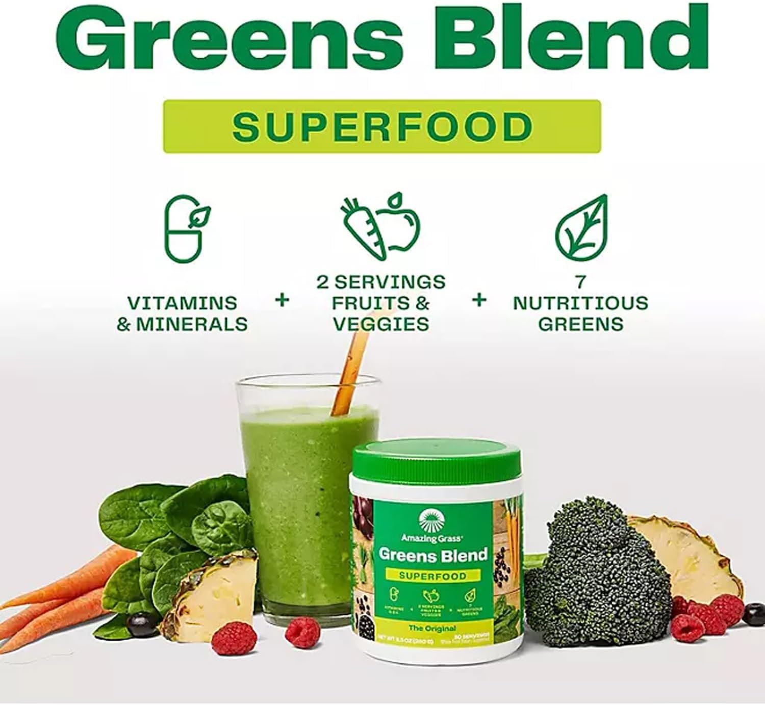 Organic Super Greens Powder with Spirulina, Alfalfa, Beet Root Blend - Digestive Enzymes & Probiotics - Original Flavor, 45 Servings