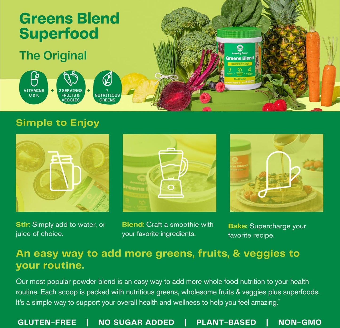 Organic Super Greens Powder with Spirulina, Alfalfa, Beet Root Blend - Digestive Enzymes & Probiotics - Original Flavor, 45 Servings