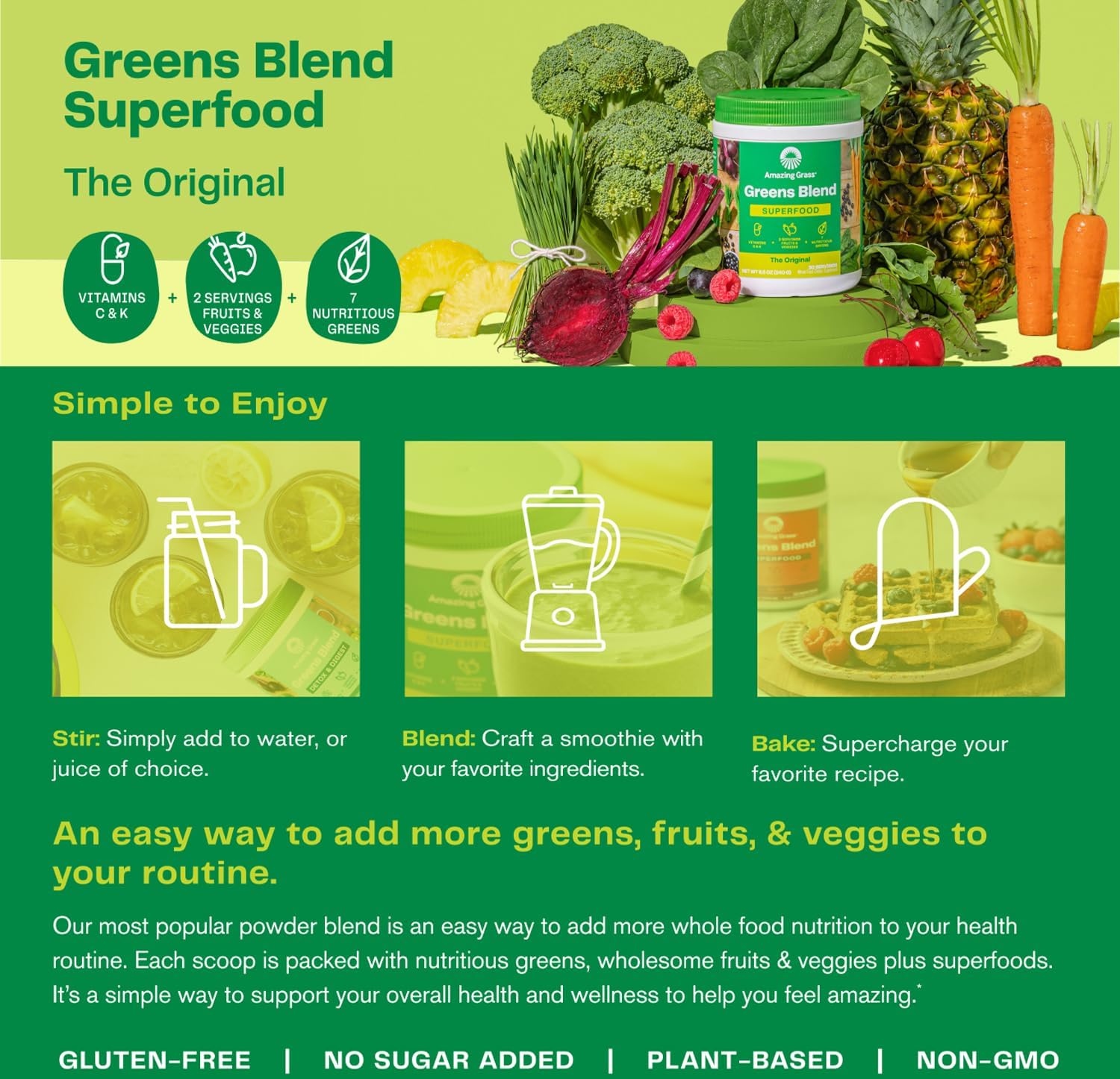 Organic Super Greens Powder with Spirulina, Alfalfa, Beet Root Blend - Digestive Enzymes & Probiotics - Original Flavor, 45 Servings