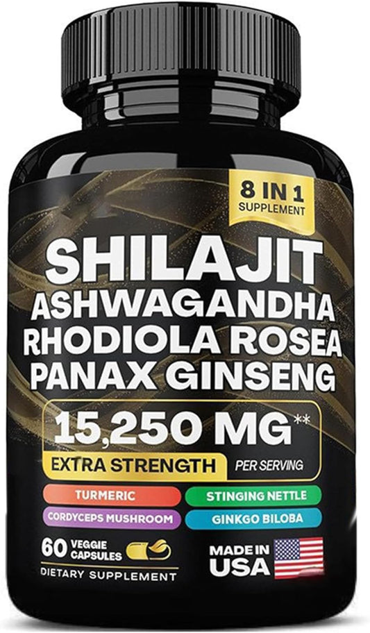 Organic Superfood Supplement with Shilajit, Ashwagandha, Rhodiola Rosea, Panax Ginseng, Cordyceps Mushroom, Ginkgo Biloba, Stinging Nettle, and Turmeric - 9000mg - 2000mg - 1000mg - 1500mg - 500mg - 500mg - 250mg - 500mg