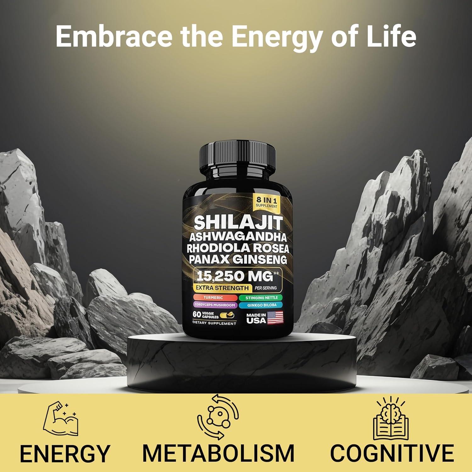 Organic Superfood Supplement with Shilajit, Ashwagandha, Rhodiola Rosea, Panax Ginseng, Cordyceps Mushroom, Ginkgo Biloba, Stinging Nettle, and Turmeric - 9000mg - 2000mg - 1000mg - 1500mg - 500mg - 500mg - 250mg - 500mg