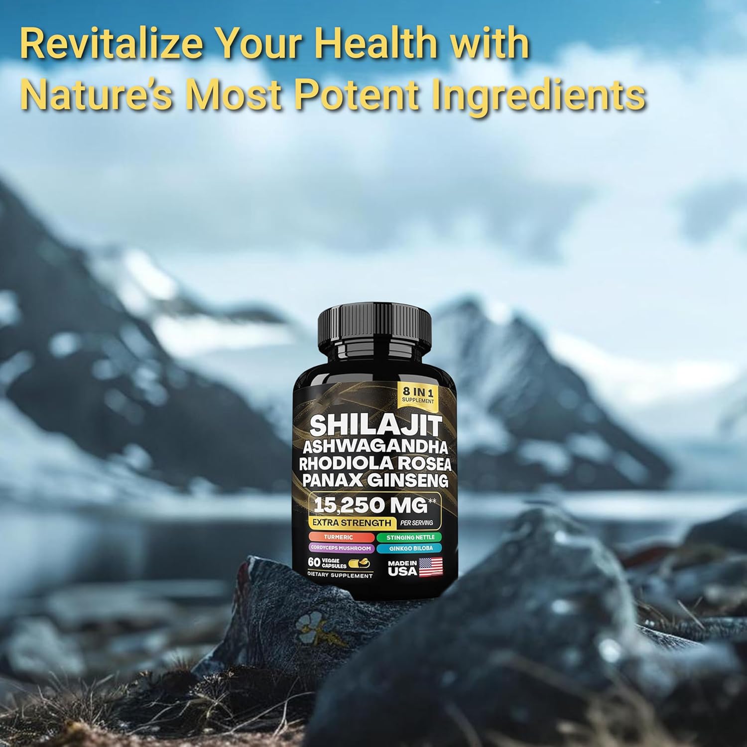 Organic Superfood Supplement with Shilajit, Ashwagandha, Rhodiola Rosea, Panax Ginseng, Cordyceps Mushroom, Ginkgo Biloba, Stinging Nettle, and Turmeric - 9000mg - 2000mg - 1000mg - 1500mg - 500mg - 500mg - 250mg - 500mg