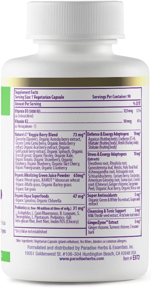 Organic Superfood Vitamin D3 + K2 Capsules with Probiotics, Greens, Veggies & Berries - 90 Vegetarian Capsules