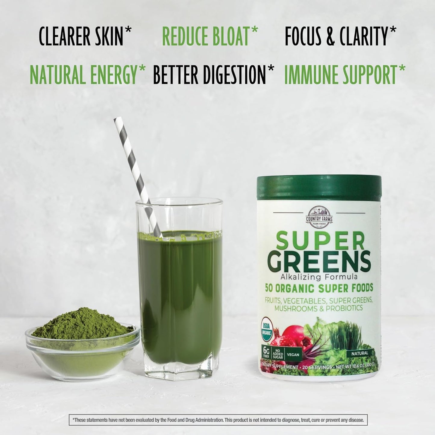 Organic Superfoods Drink Mix with Vitamin C and Elderberry for Immune Support - COUNTRY FARMS Super Greens Powder