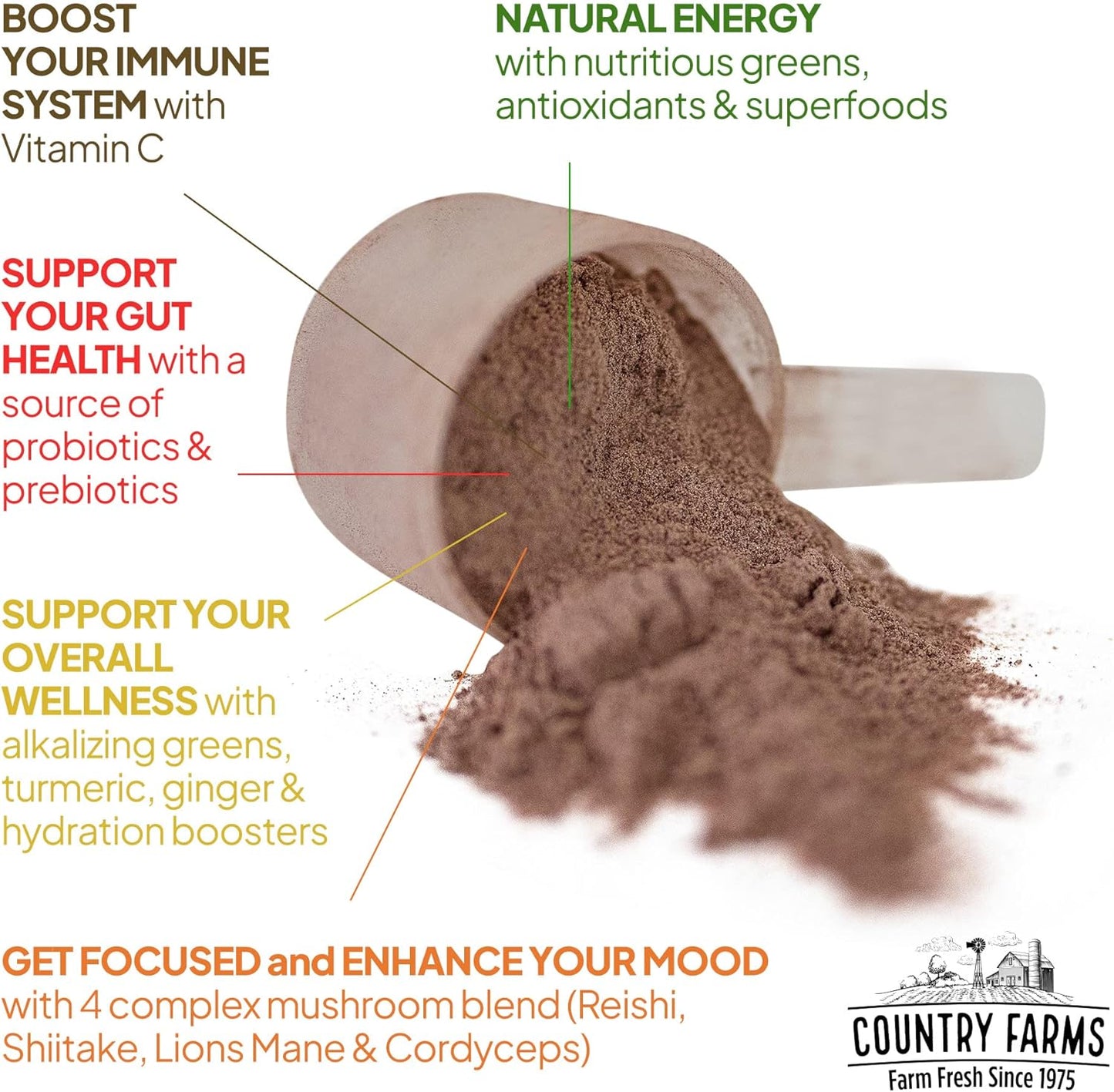 Organic Superfoods Drink Mix with Vitamin C and Elderberry for Immune Support - COUNTRY FARMS Super Greens Powder