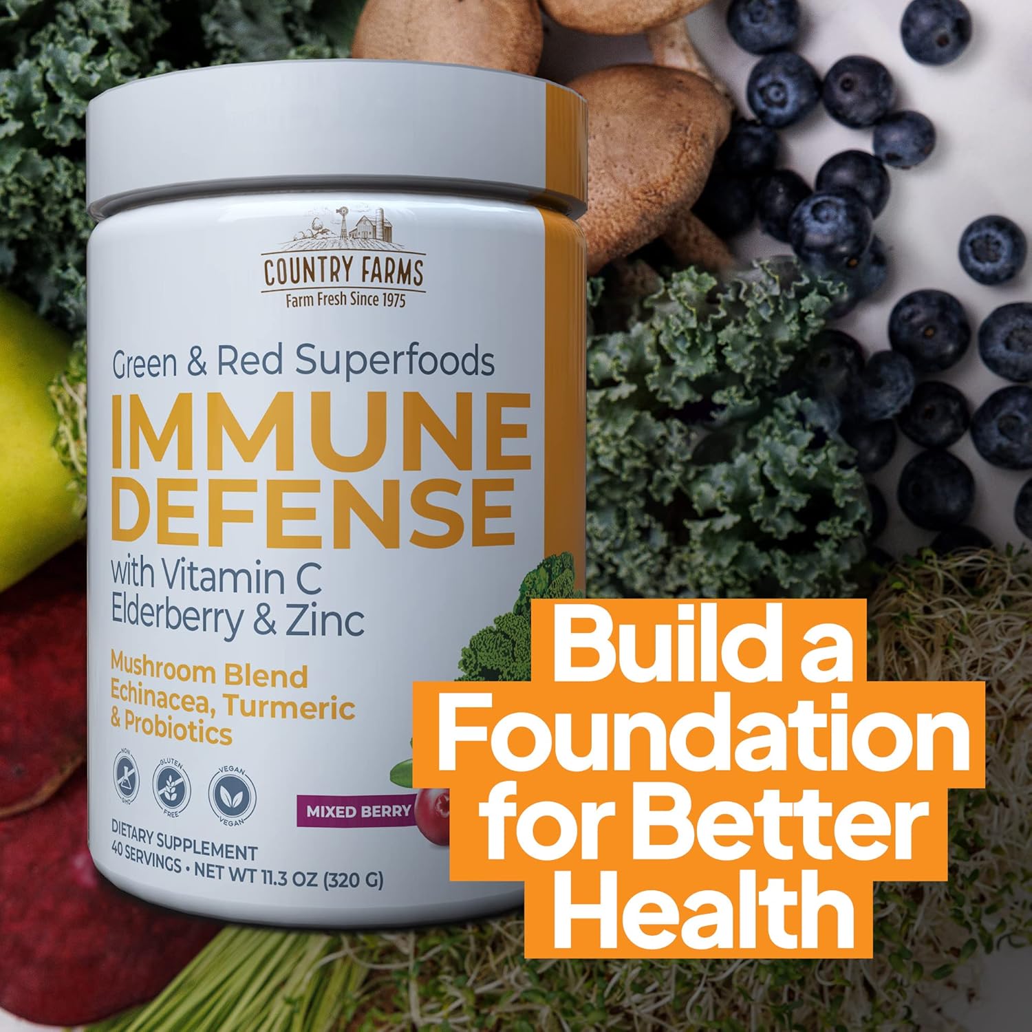 Organic Superfoods Drink Mix with Vitamin C and Elderberry for Immune Support - COUNTRY FARMS Super Greens Powder