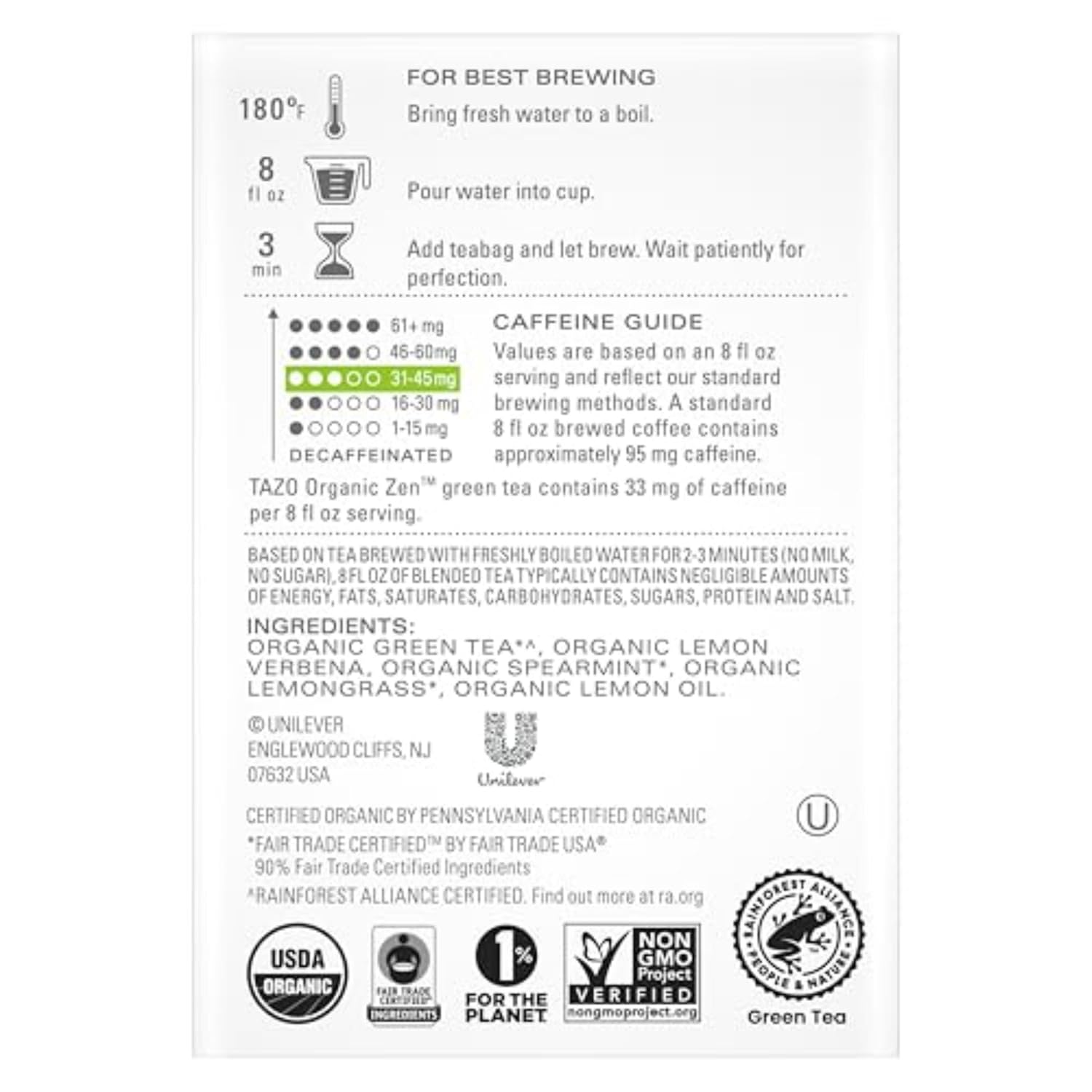 Organic TAZO Zen Green Tea with Lemongrass & Spearmint, 36 Bags