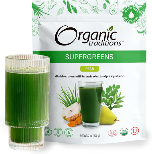Organic Traditions Super Greens Powder with Turmeric and Pear Flavor - 200g Bag