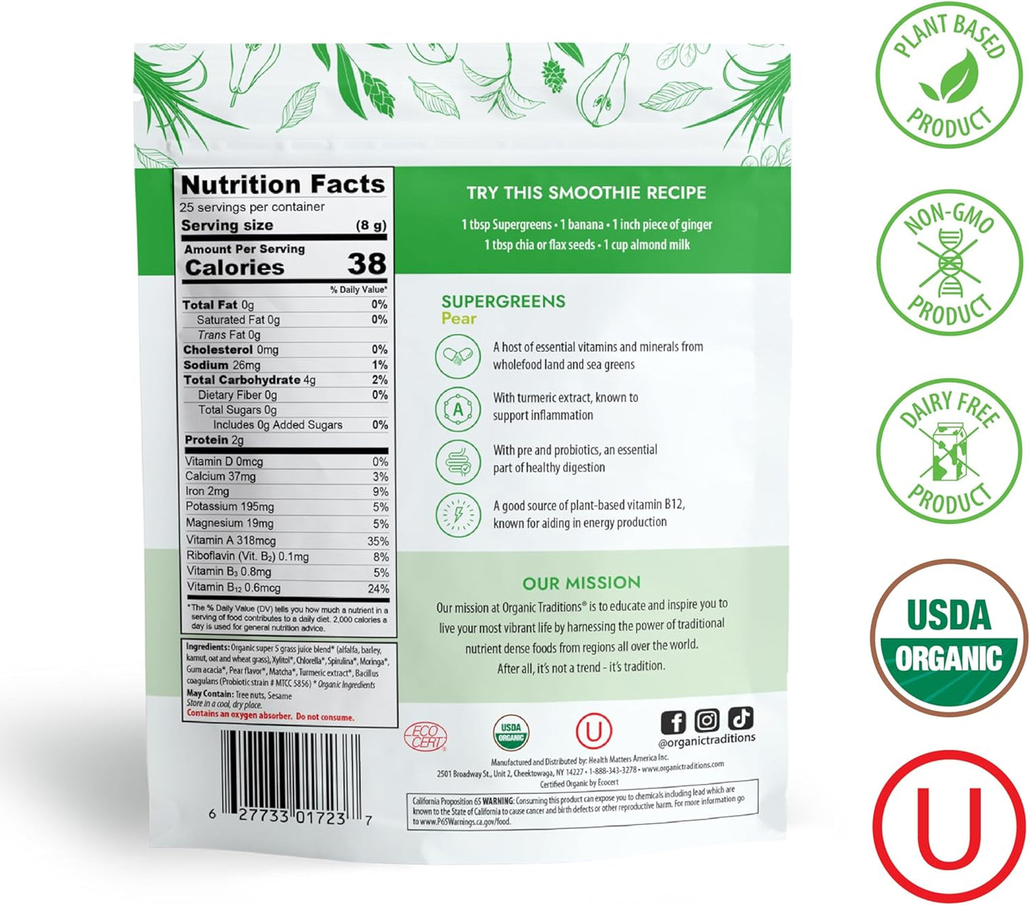 Organic Traditions Super Greens Powder with Turmeric and Pear Flavor - 200g Bag