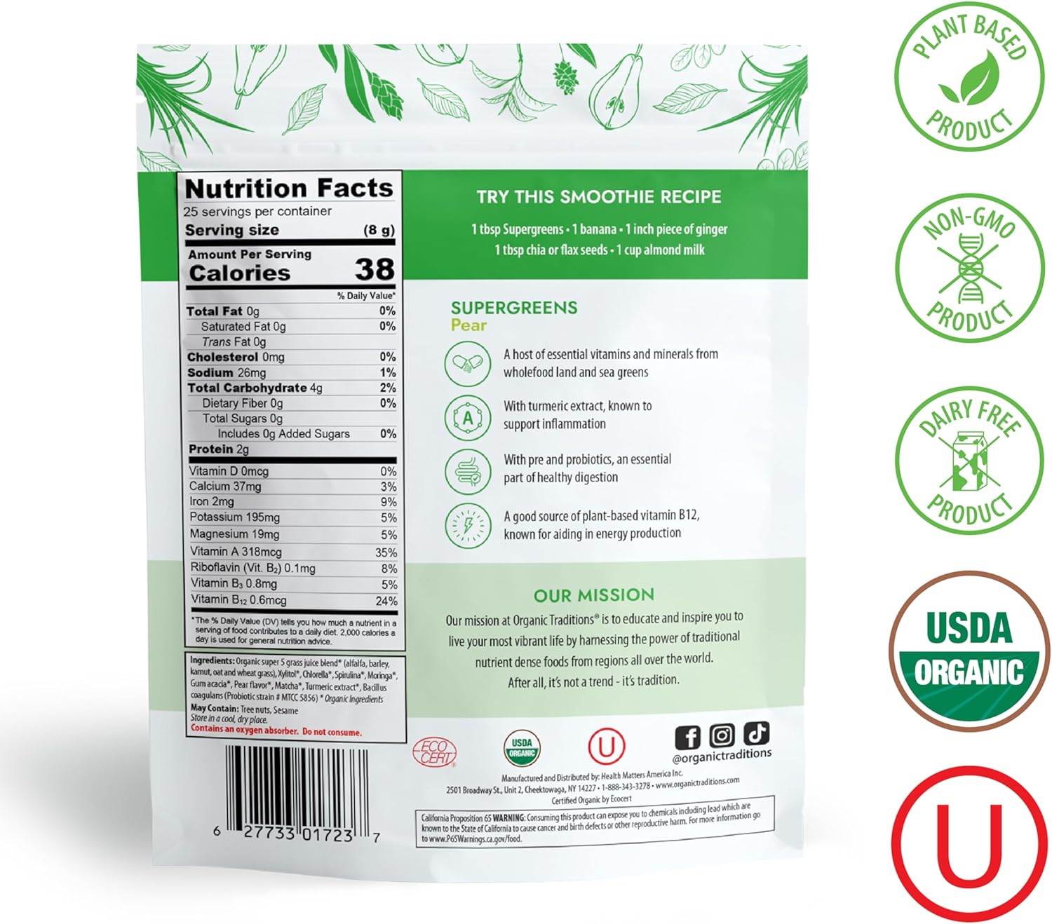 Organic Traditions Super Greens Powder with Turmeric and Pear Flavor - 200g Bag