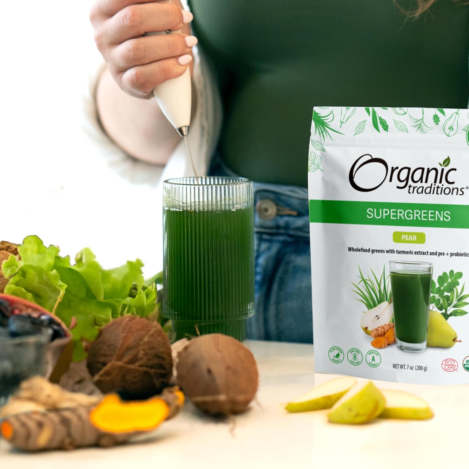 Organic Traditions Super Greens Powder with Turmeric and Pear Flavor - 200g Bag