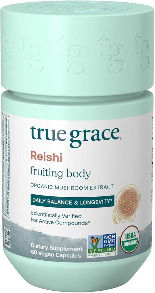 Organic True Grace Reishi Mushroom Capsules for Daily Balance & Longevity - 60 Count