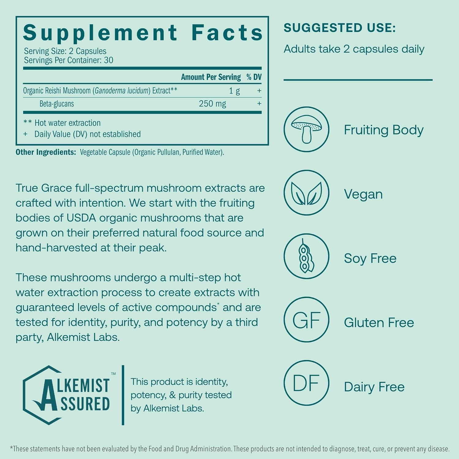 Organic True Grace Reishi Mushroom Capsules for Daily Balance & Longevity - 60 Count