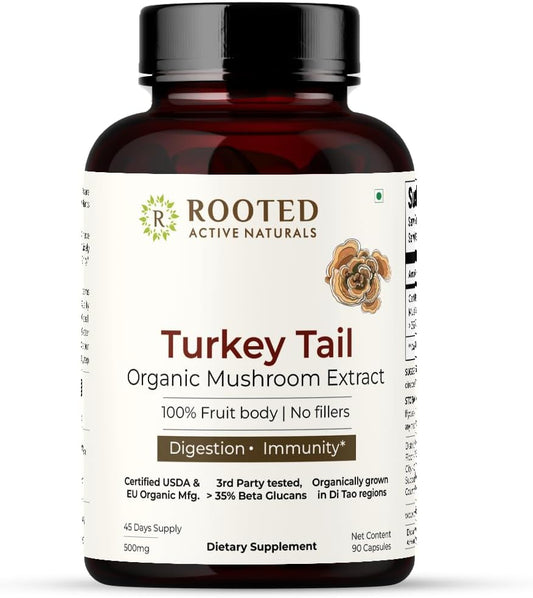 Organic Turkey Tail Mushroom Extract Capsules for Heart Health, Stress Relief, Liver Support - 90 Capsules, 35% Beta Glucans, USDA Certified