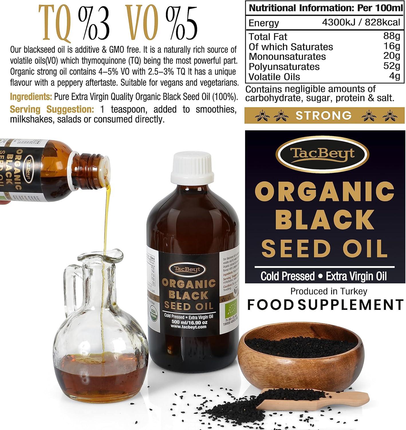 Organic Turkish Black Seed Oil Liquid | High Thymoquinone & Volatile Oil | USDA Certified, Non GMO, Cold-Pressed | Strong 16.90 Fl Oz Bottle