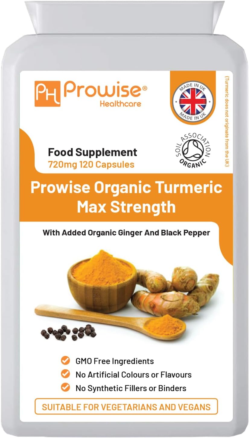 Organic Turmeric Curcumin Capsules - 720mg High Strength with Black Pepper | Vegan & Vegetarian | 120 Capsules by PH PROWISE Healthcare