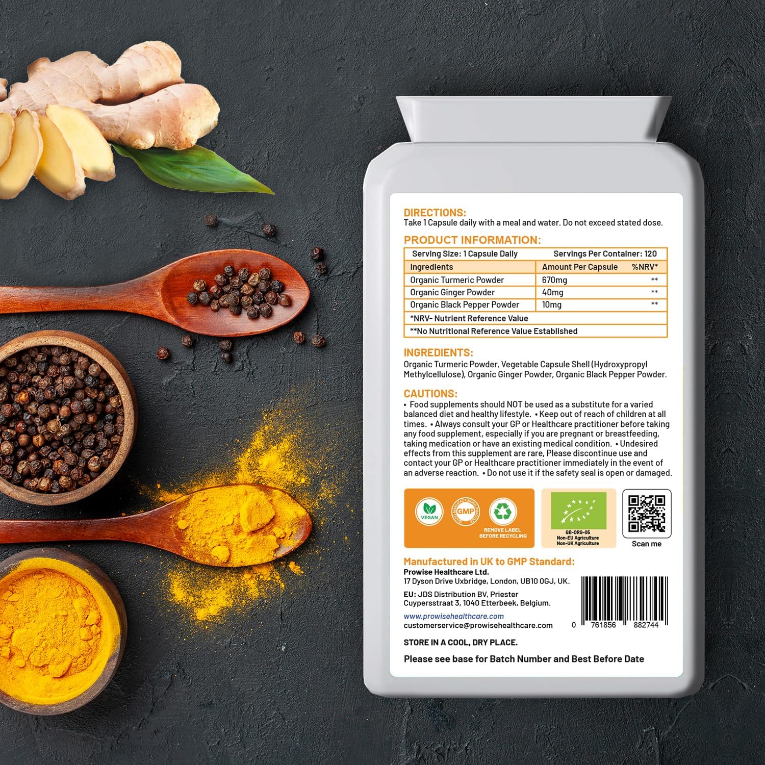 Organic Turmeric Curcumin Capsules - 720mg High Strength with Black Pepper | Vegan & Vegetarian | 120 Capsules by PH PROWISE Healthcare
