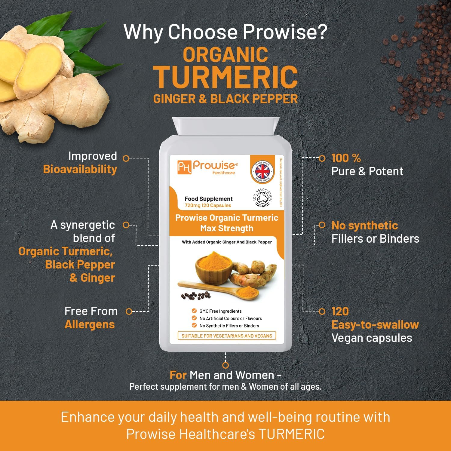Organic Turmeric Curcumin Capsules - 720mg High Strength with Black Pepper | Vegan & Vegetarian | 120 Capsules by PH PROWISE Healthcare