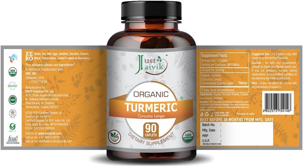 Organic Turmeric Tablets - 750 mg (90 Tablets) for Digestion & Well-Being | Dietary Supplement from Just Jaivik