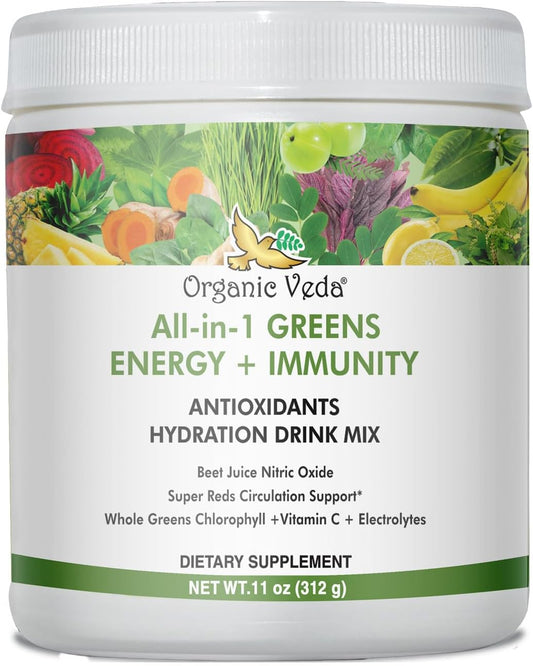 Organic Veda Super Greens Antioxidant Hydration Drink Mix Powder with Electrolytes - Daily Organic Superfoods for Energy and Immunity - 11 oz