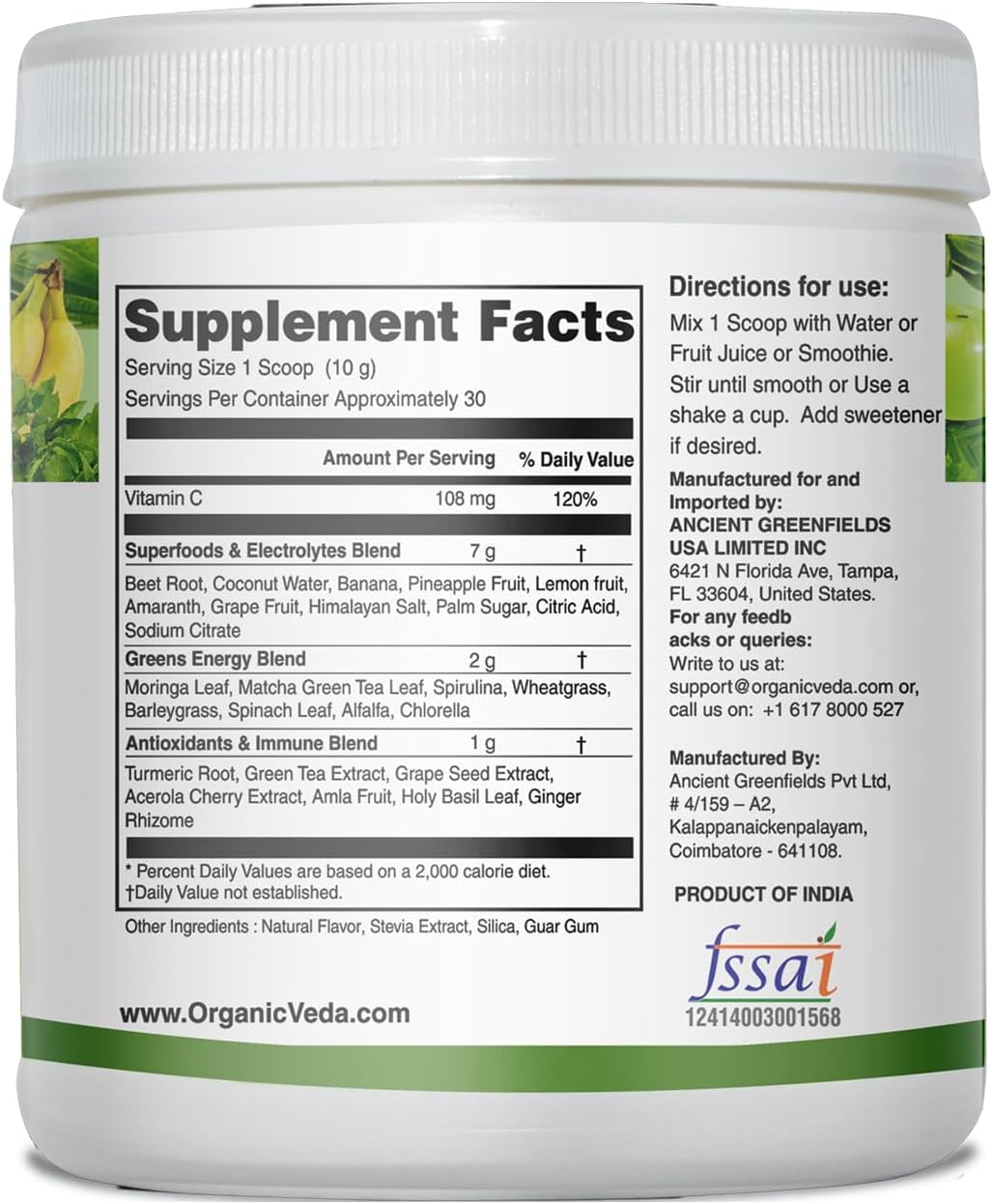 Organic Veda Super Greens Antioxidant Hydration Drink Mix Powder with Electrolytes - Daily Organic Superfoods for Energy and Immunity - 11 oz