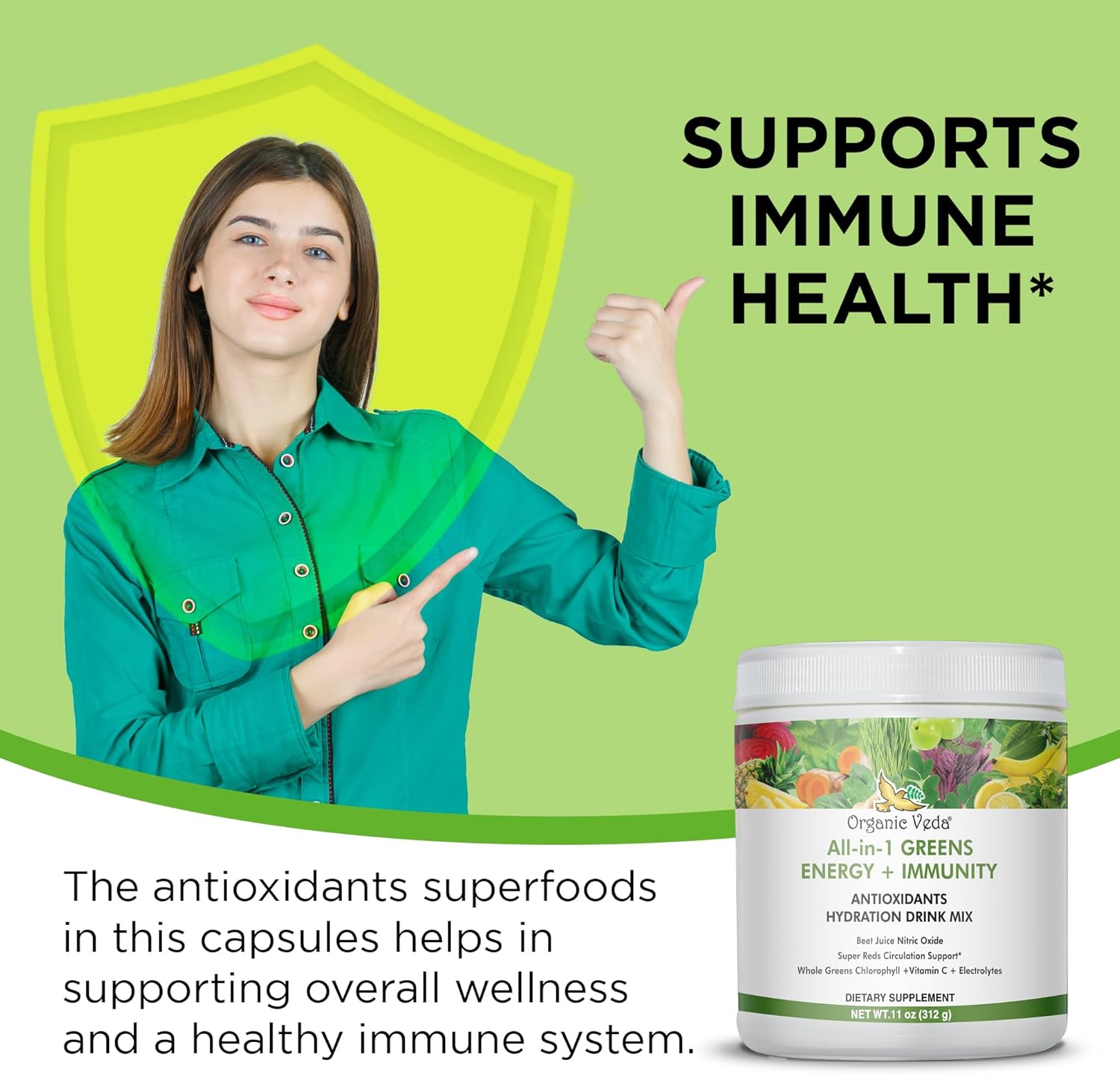 Organic Veda Super Greens Antioxidant Hydration Drink Mix Powder with Electrolytes - Daily Organic Superfoods for Energy and Immunity - 11 oz