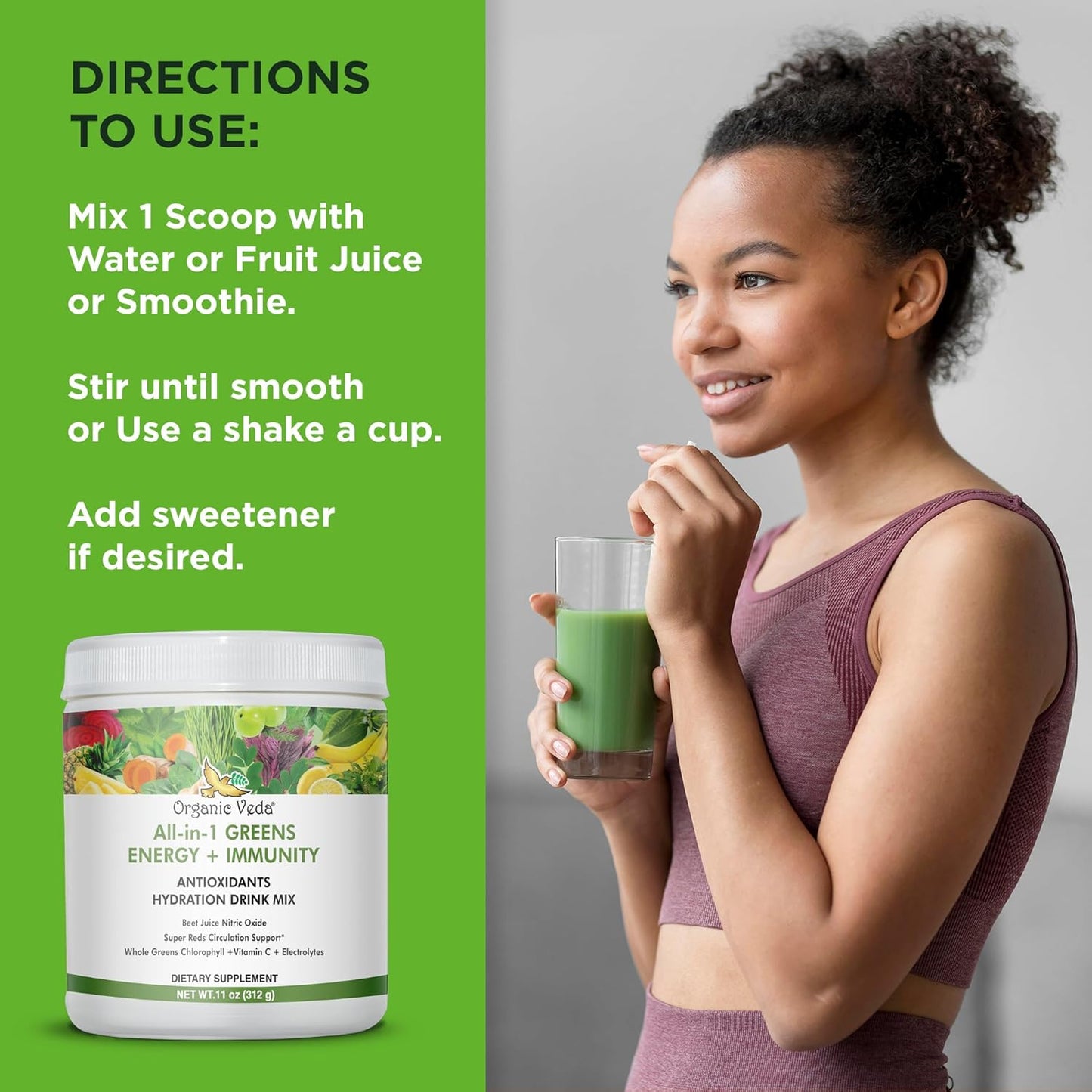 Organic Veda Super Greens Antioxidant Hydration Drink Mix Powder with Electrolytes - Daily Organic Superfoods for Energy and Immunity - 11 oz