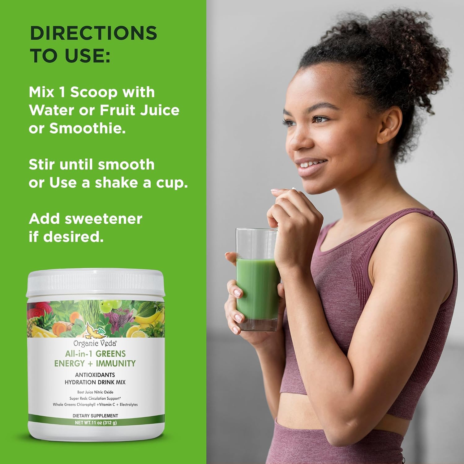 Organic Veda Super Greens Antioxidant Hydration Drink Mix Powder with Electrolytes - Daily Organic Superfoods for Energy and Immunity - 11 oz