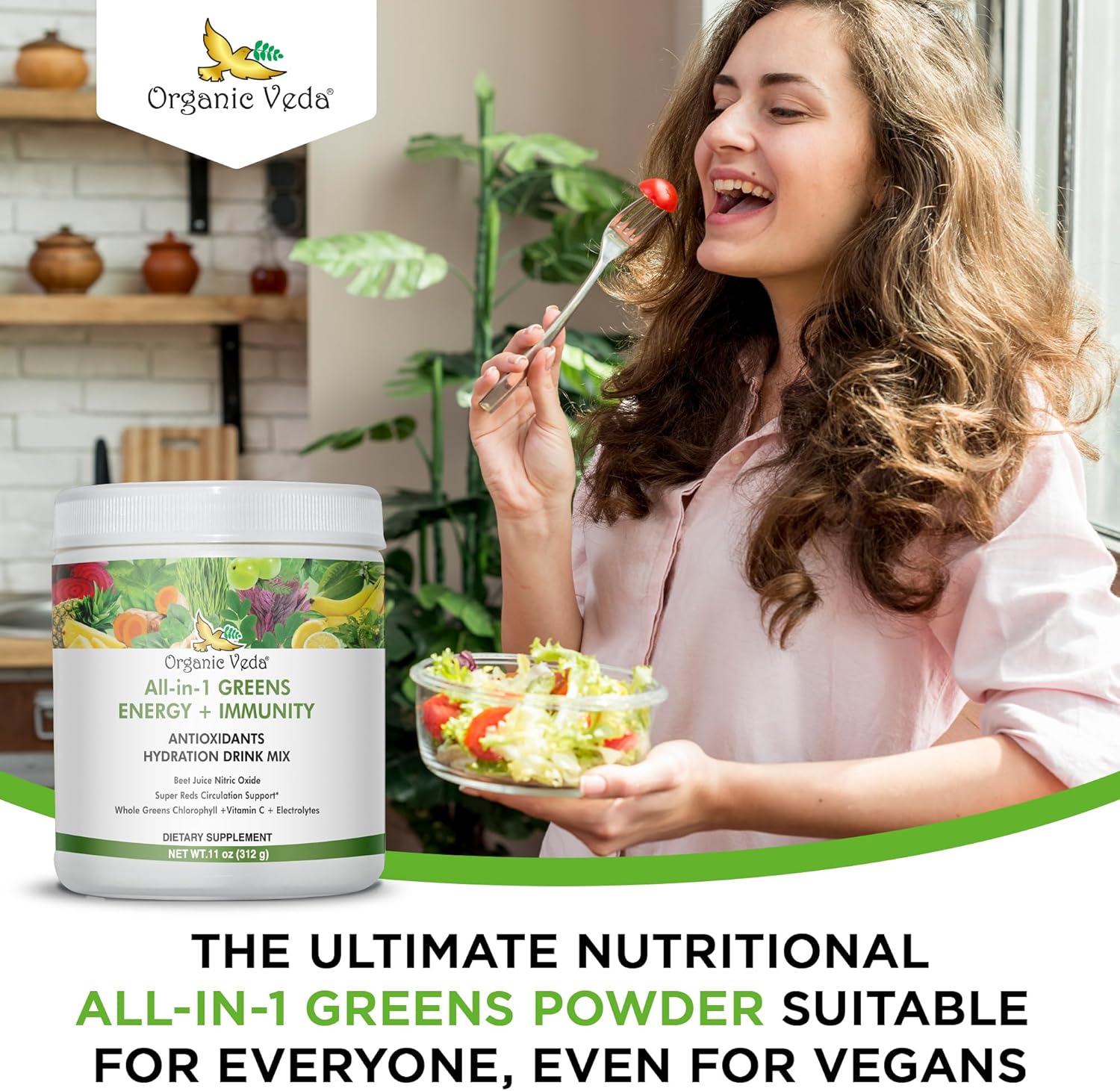 Organic Veda Super Greens Antioxidant Hydration Drink Mix Powder with Electrolytes - Daily Organic Superfoods for Energy and Immunity - 11 oz