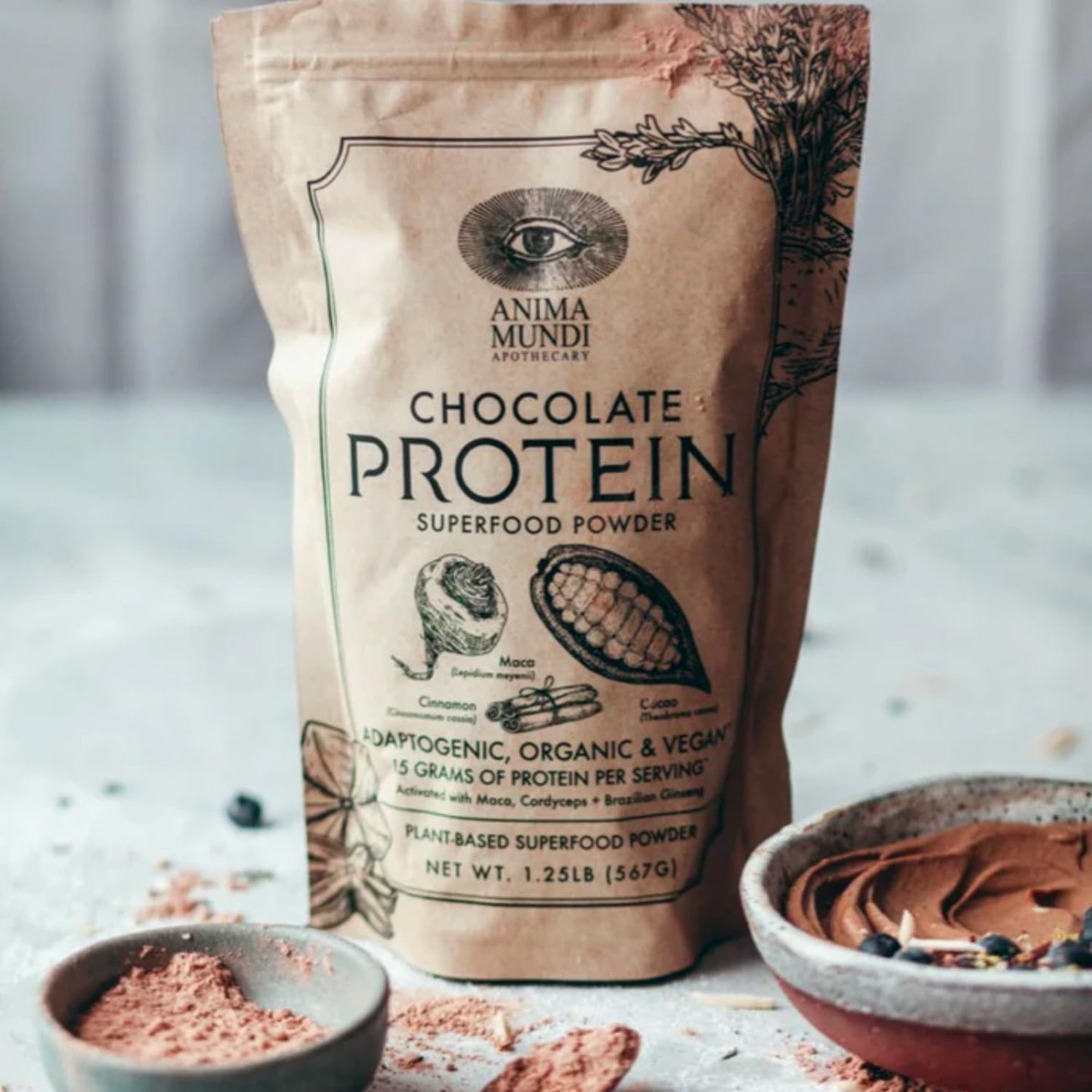 Organic Vegan Chocolate Protein Superfood Powder with Adaptogens for Energy & Strength (567g) by Anima Mundi Apothecary
