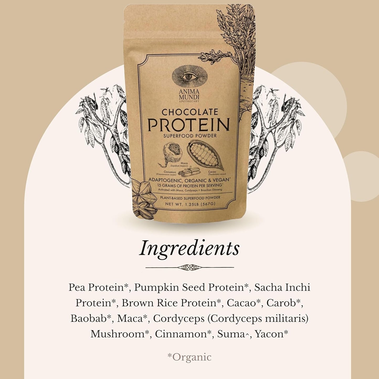 Organic Vegan Chocolate Protein Superfood Powder with Adaptogens for Energy & Strength (567g) by Anima Mundi Apothecary