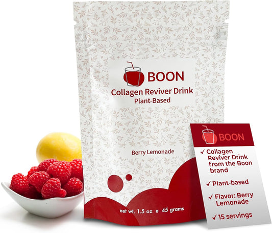 Organic Vegan Collagen Booster Drink for Beautiful Skin - Plant-Based Supplement with Berry Lemonade Flavor - Ecco Bella Boon Reviver Powder, 15 Servings