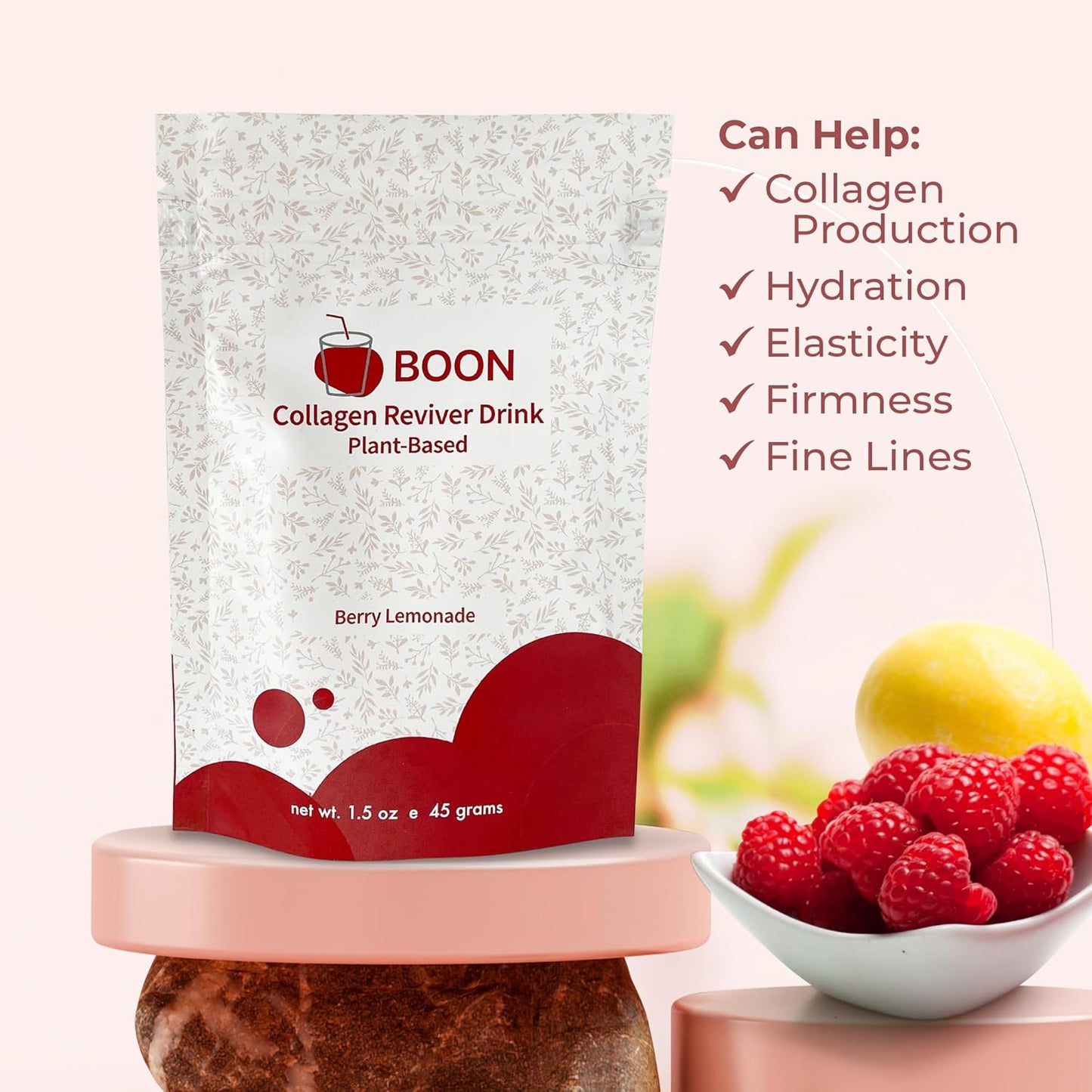Organic Vegan Collagen Booster Drink for Beautiful Skin - Plant-Based Supplement with Berry Lemonade Flavor - Ecco Bella Boon Reviver Powder, 15 Servings