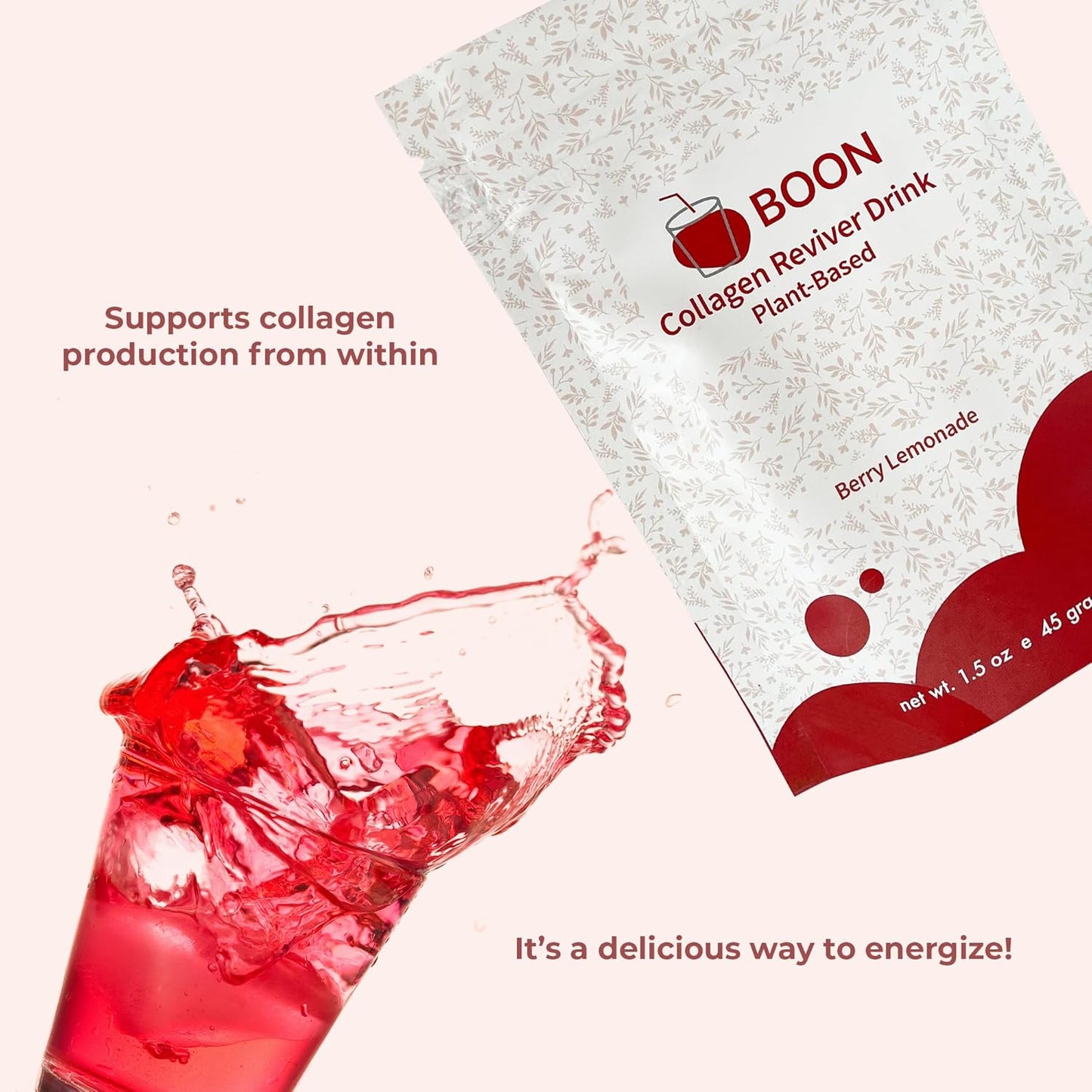 Organic Vegan Collagen Booster Drink for Beautiful Skin - Plant-Based Supplement with Berry Lemonade Flavor - Ecco Bella Boon Reviver Powder, 15 Servings
