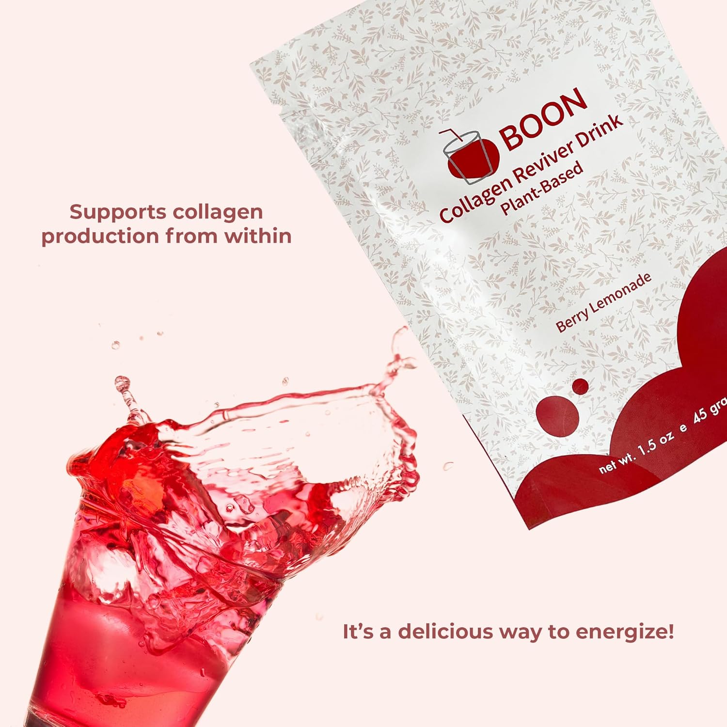 Organic Vegan Collagen Booster Drink for Beautiful Skin - Plant-Based Supplement with Berry Lemonade Flavor - Ecco Bella Boon Reviver Powder, 15 Servings