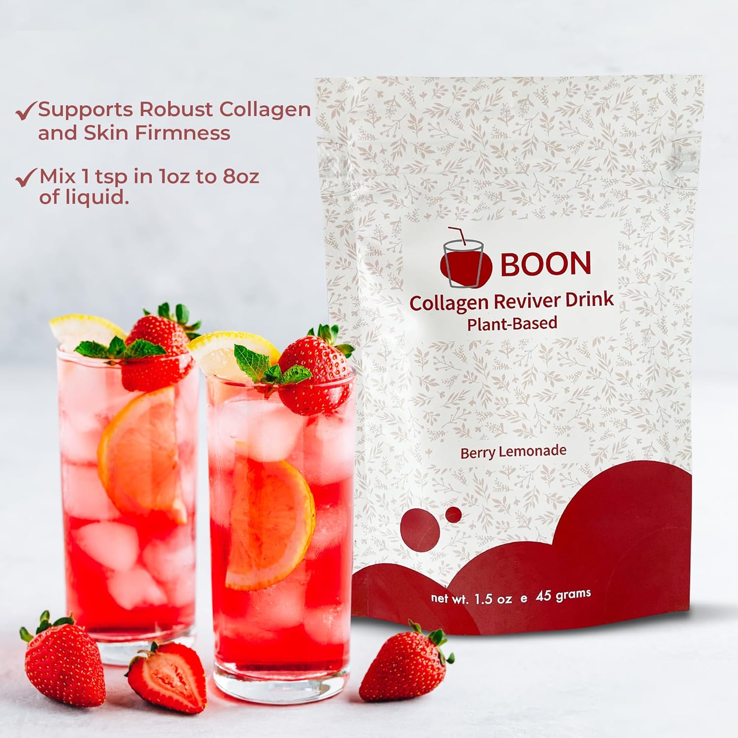 Organic Vegan Collagen Booster Drink for Beautiful Skin - Plant-Based Supplement with Berry Lemonade Flavor - Ecco Bella Boon Reviver Powder, 15 Servings